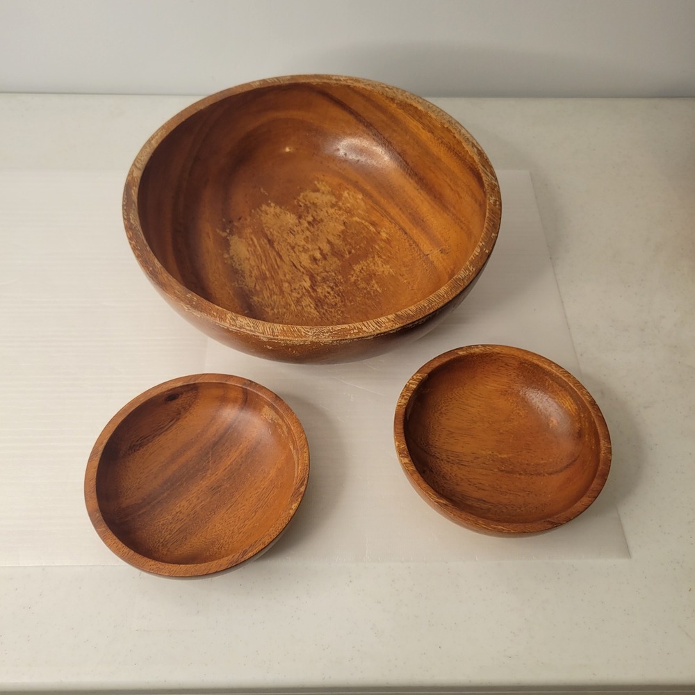 Unbranded Wood Serving Bowl Set Unisex OS Brown Acacia Monkey Pod 3pc Vintage